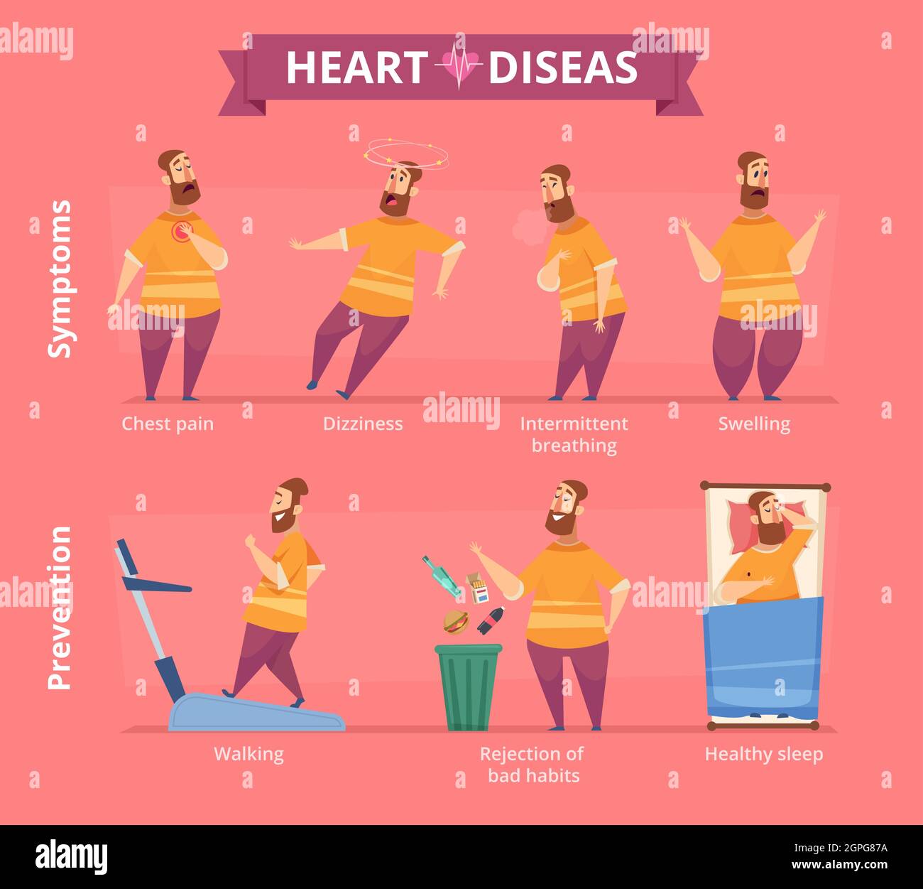 Attacco di cuore. Paziente con problemi cardiaci obesità sistemi malattia e prevenzione vettore infografica illustrazione Illustrazione Vettoriale