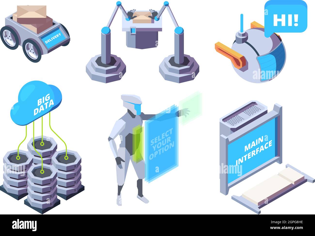 Settore intelligente. Processi robotici macchine automobilistiche produzione vettore impianto set isometrico Illustrazione Vettoriale