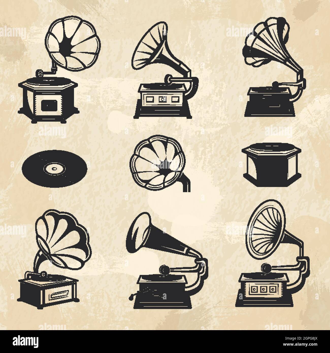 Collezione di gramophones. Vintage radio musica simboli vinili registra immagini vettoriali set Illustrazione Vettoriale