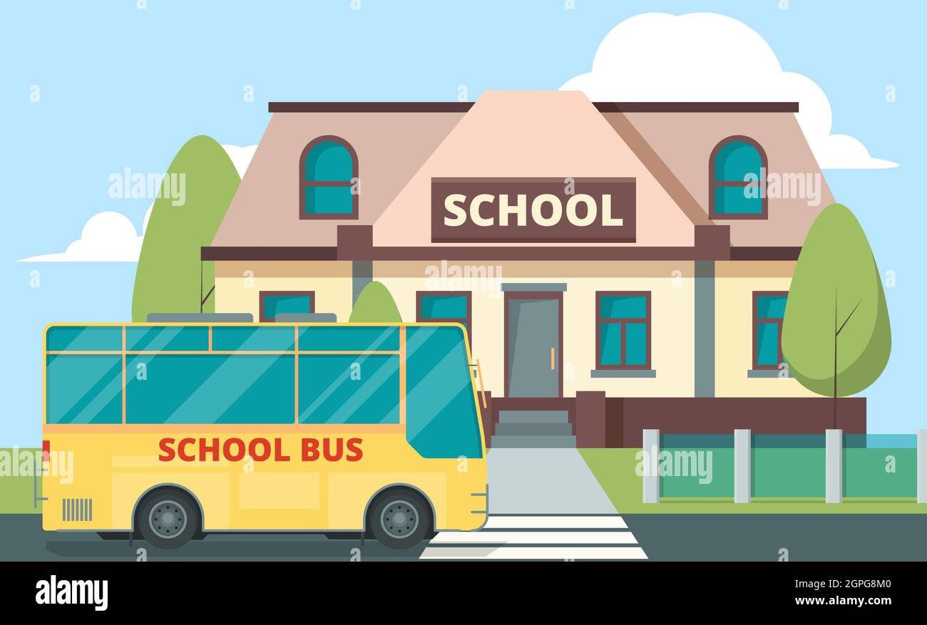 Autobus giallo vicino a scuola. Formazione concetto di fondo con trasporto giornaliero per i bambini costruire cartone animato vettoriale Illustrazione Vettoriale