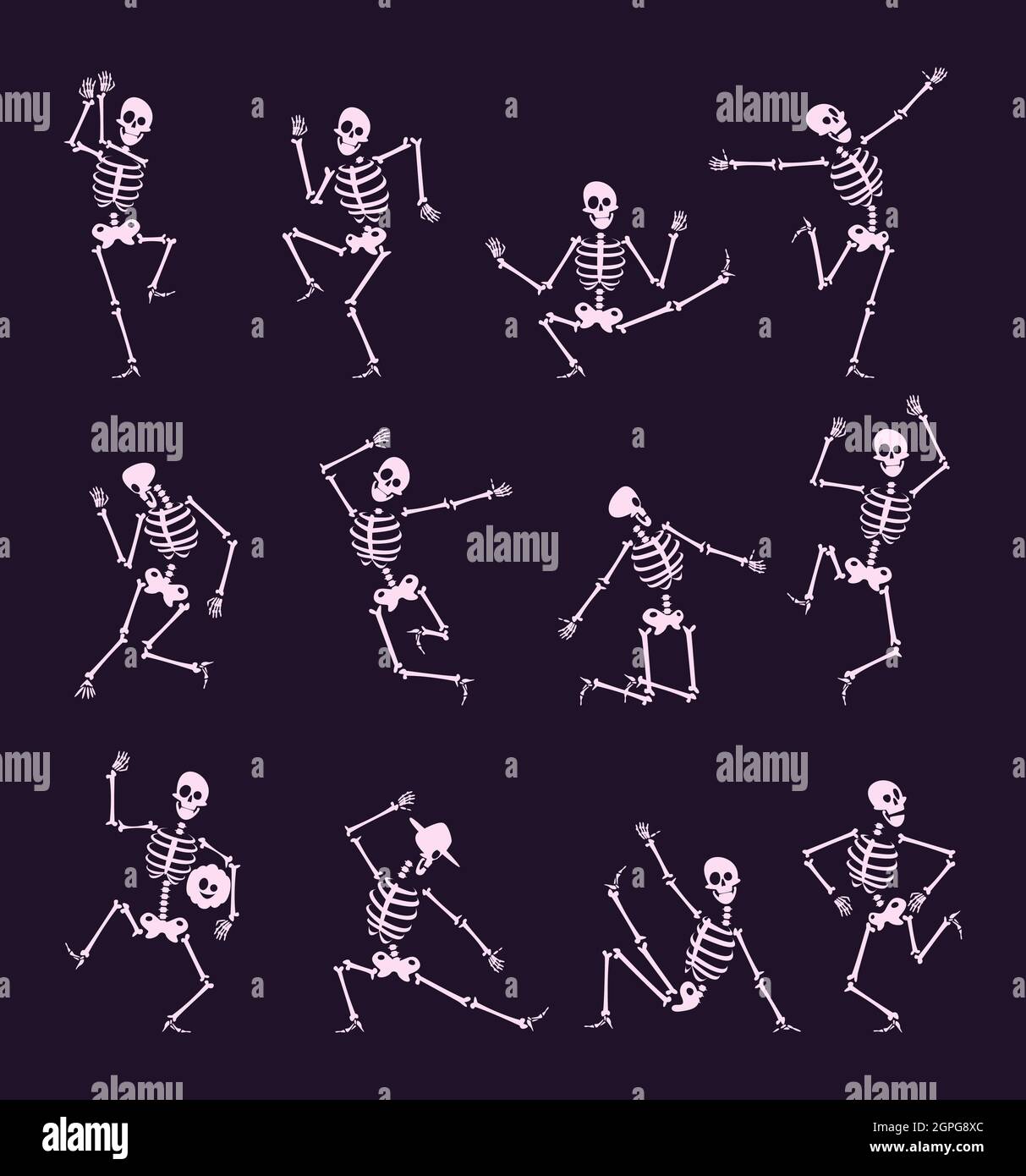 Festa dello scheletro. Undead con cranio e ossa ballerino halloween in divertente pose vettoriale personaggi collezione Illustrazione Vettoriale