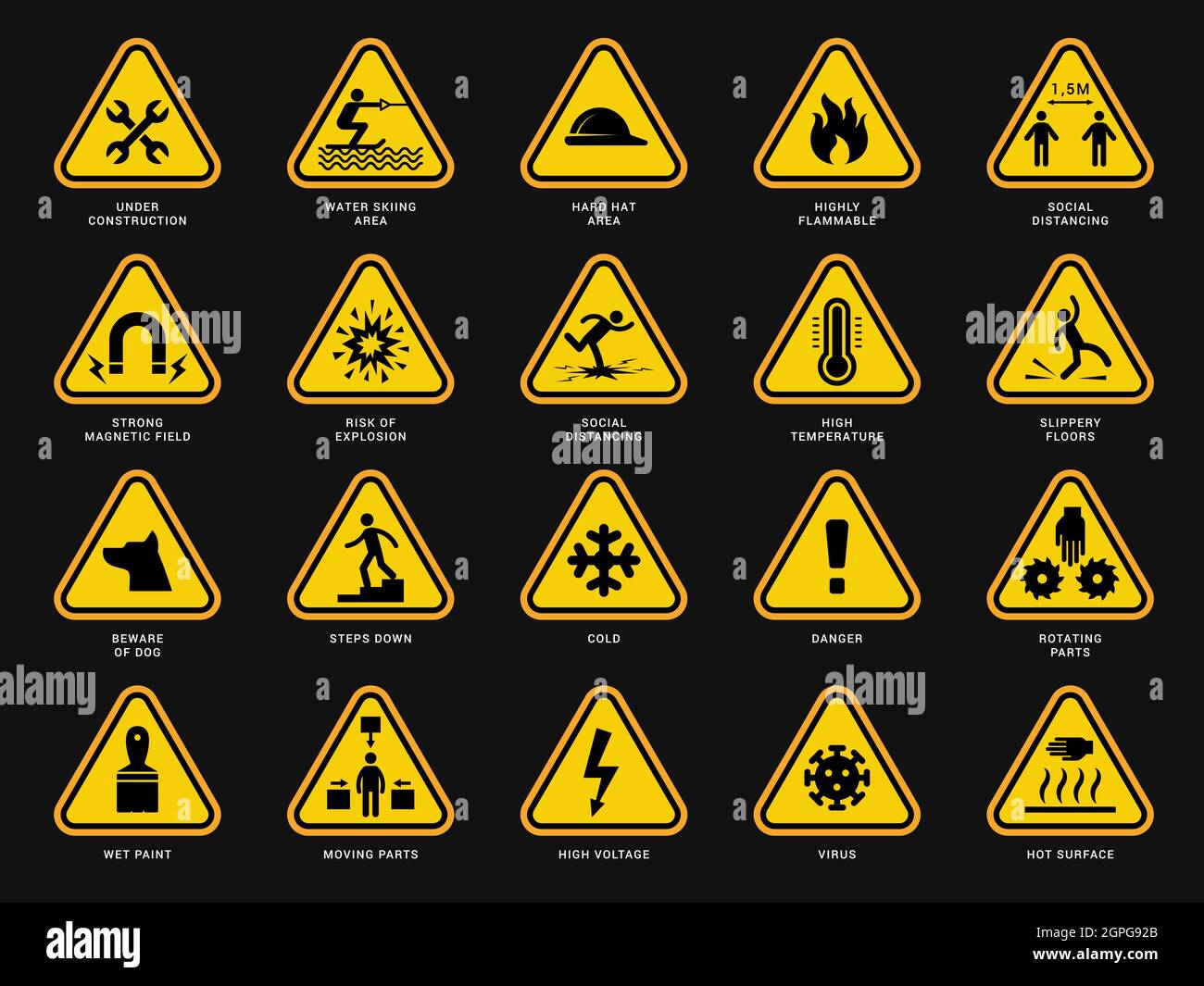 Simboli di avvertenza gialli. Segnali triangolari con simboli di pericolo attenzione telecamera modelli vettoriali di pericolo elettrico Illustrazione Vettoriale