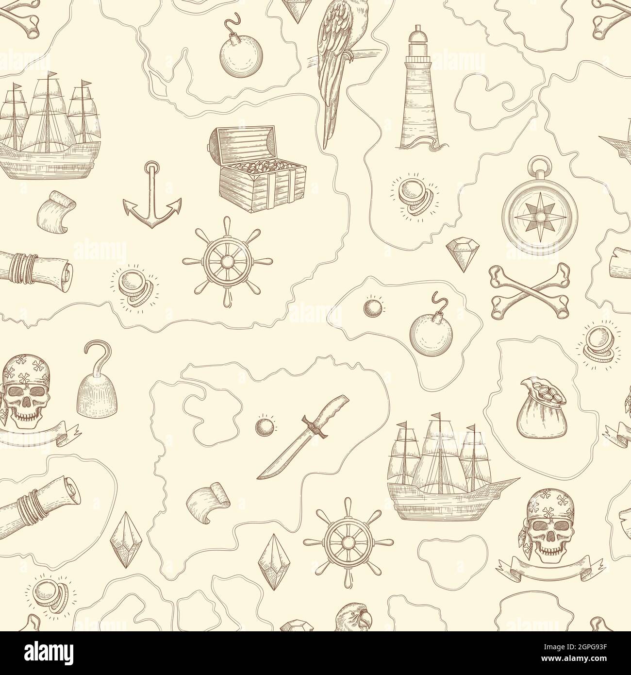 Mappa pirata senza soluzione di continuità. Nautica vintage dettagliata mappa avventura con tesori e oggetti di mare navi creature armi. Modello vettoriale Illustrazione Vettoriale