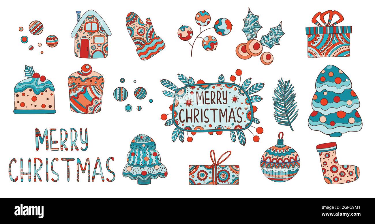 Allegro Natale icone impostare contorno, vettore disegnato a mano. Decorazione invernale Illustrazione Vettoriale