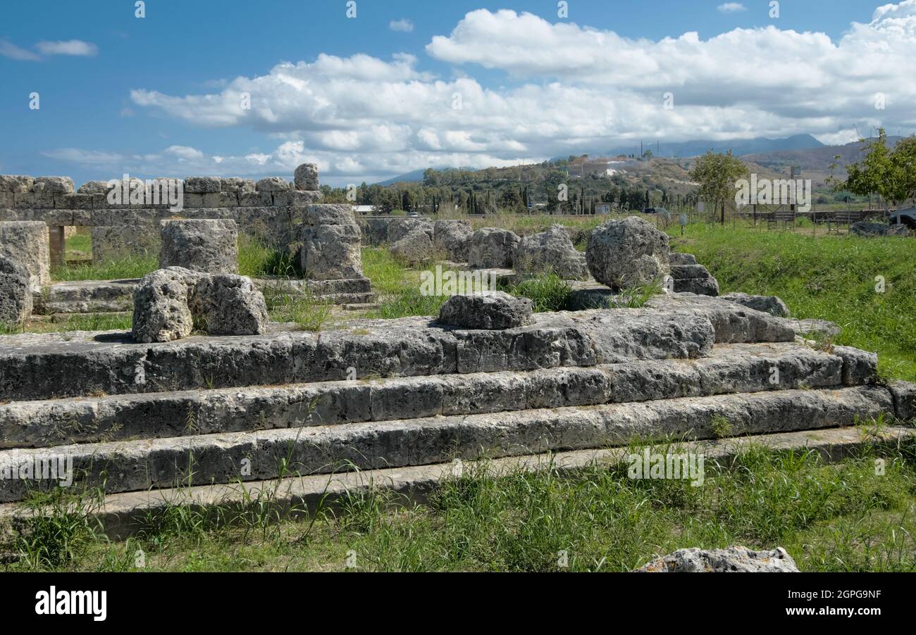 Rovine greche in Sicilia tempio della Vittoria nel sito archeologico di Himera a Termini Imerese, Palermo Foto Stock