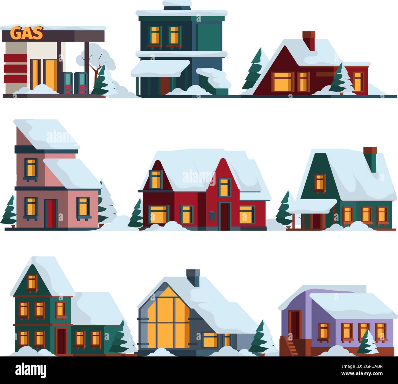 Casa con cappuccio di neve. Inverno natale architettura edifici moderni in nevicate vettoriali illustrazioni cottage Illustrazione Vettoriale