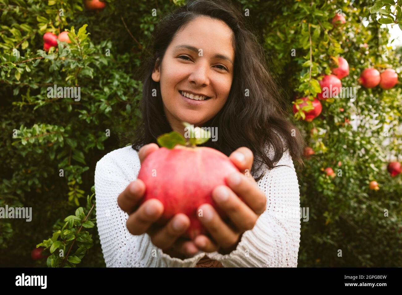 sorridendo le mani della donna giovane che tiene fresco intero melograno nelle sue mani raccolte da albero nello sfondo con semi rossi. concetto di mangiare autunno Foto Stock