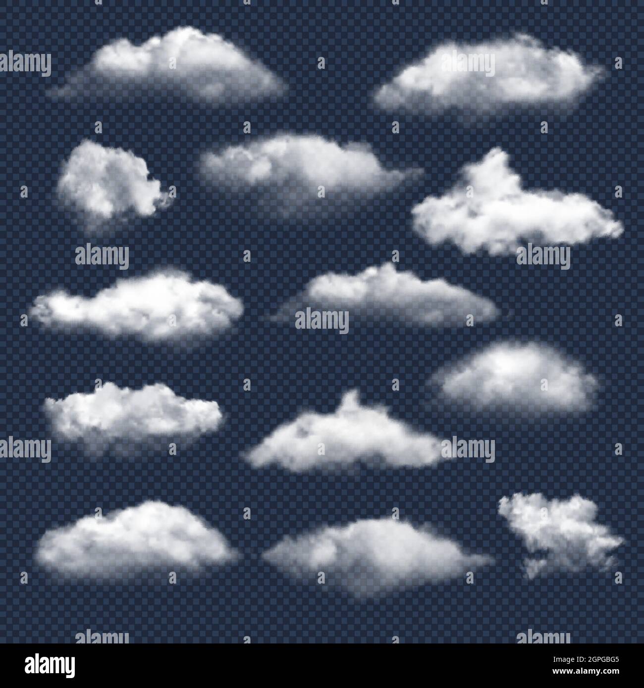 Cloud realistici. Natura cielo tempo simboli pioggia o neve nube vettore collezione Illustrazione Vettoriale