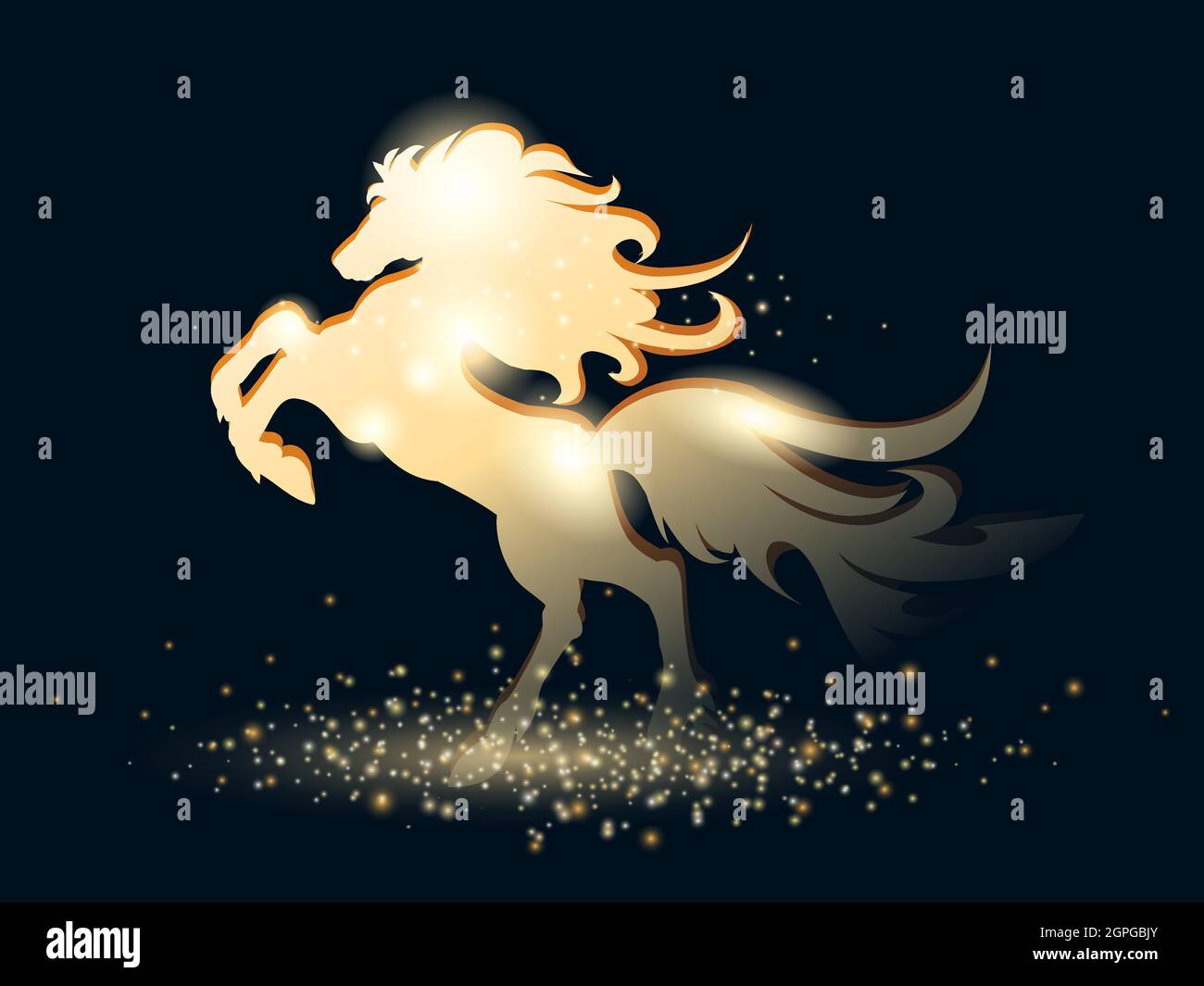 Golden Stallion su sfondo nero stellato. Illustrazione vettoriale Illustrazione Vettoriale