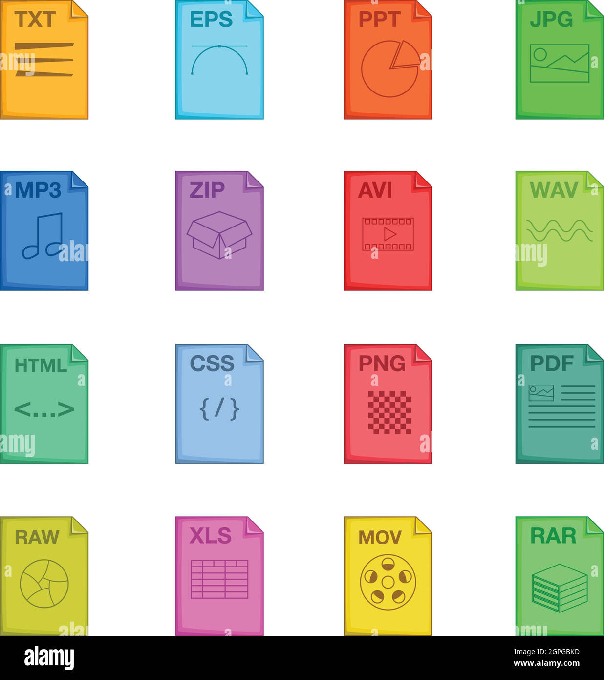 Estensione file di set di icone, stile cartoon Illustrazione Vettoriale