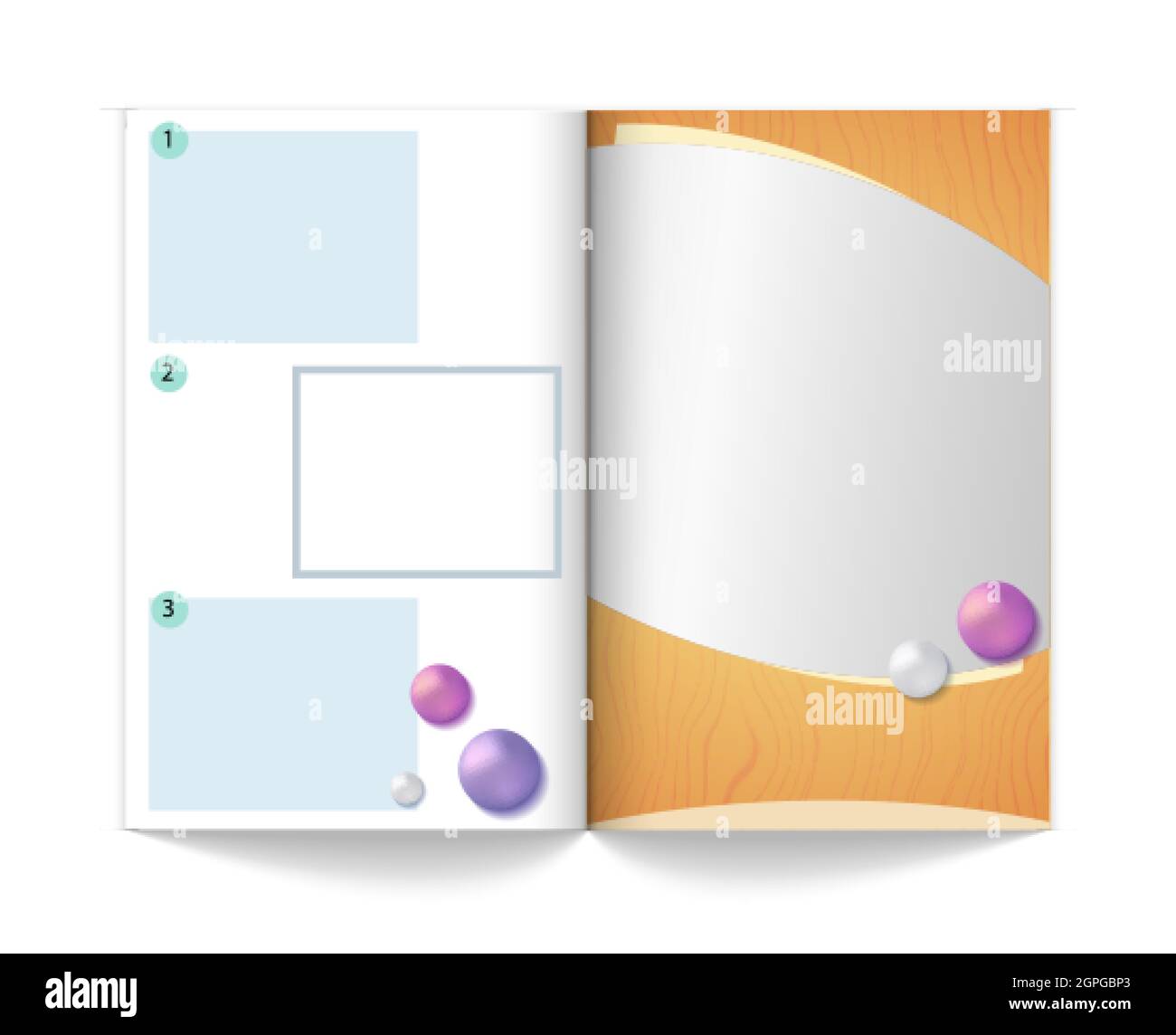 Modello di simulazione della rivista. Libro vuoto con aree per pubblicità o informazioni, illustrazione vettoriale realistica del giornale Illustrazione Vettoriale