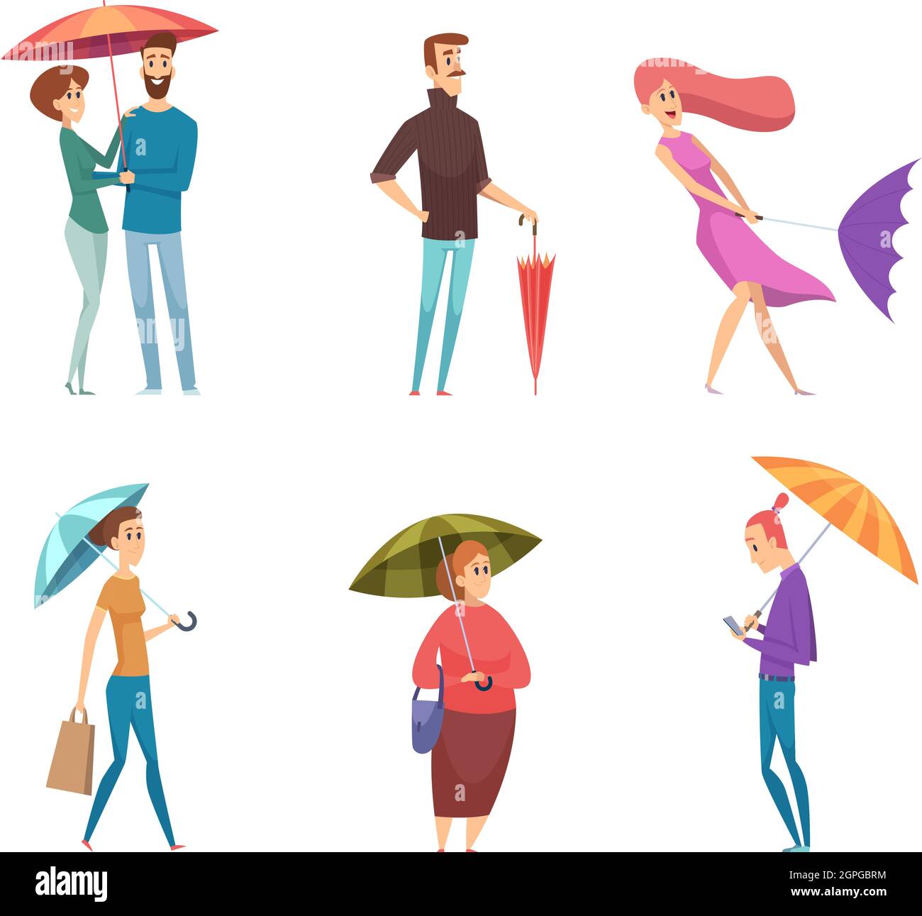 Ombrello persone. Personaggi depressi in giorno di pioggia tenendo e camminare con ombrelli vettore adulti Illustrazione Vettoriale