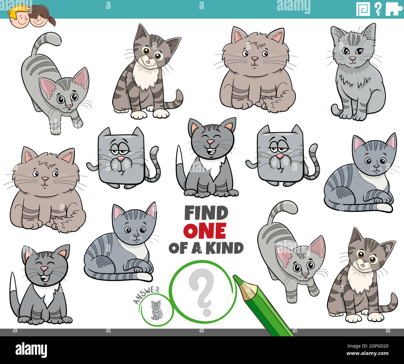 uno di un gioco gentile per i bambini con i gatti carini dei cartoni animati Illustrazione Vettoriale