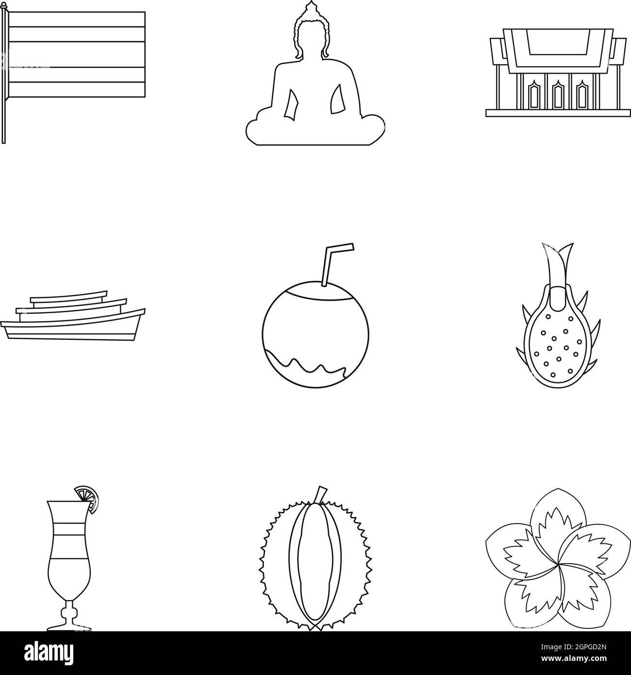 Vacanza in Thailandia set di icone di stile di contorno Illustrazione Vettoriale