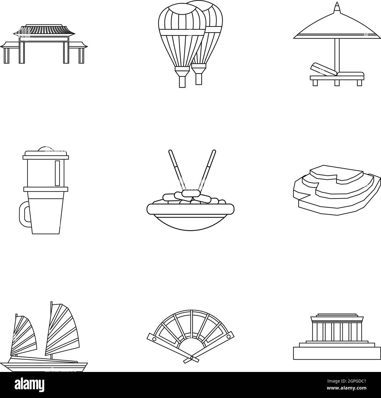 Attrazioni del Vietnam set di icone di stile di contorno Illustrazione Vettoriale