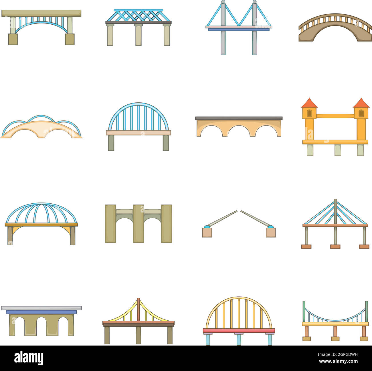 La costruzione del ponte set di icone, stile cartoon Illustrazione Vettoriale