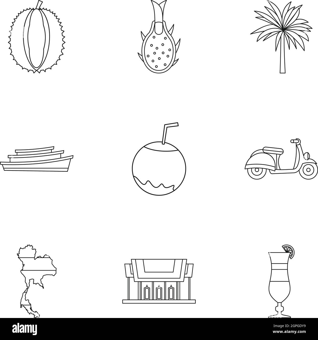 Attrazioni della Thailandia set di icone di stile di contorno Illustrazione Vettoriale