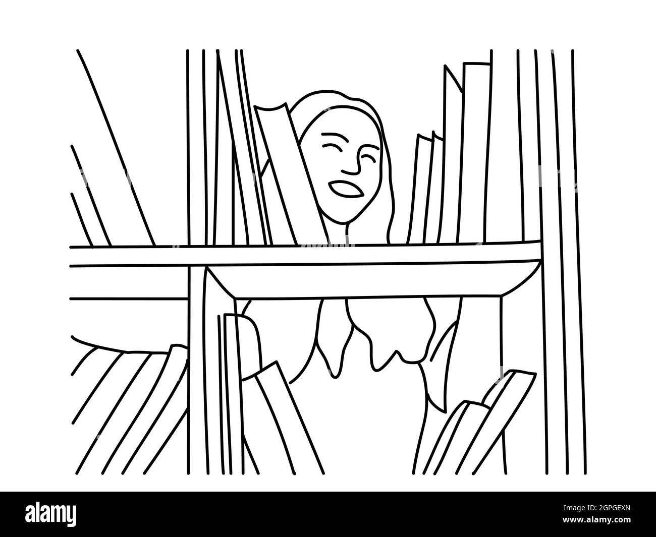 Donna sorridente sceglie un libro in biblioteca su bianco. Minimalismo ritratto vettoriale femminile disegnato a mano in moderno stile grafico astratto con una linea. Decorazioni a stampa, arte da parete, design creativo dei social media Illustrazione Vettoriale