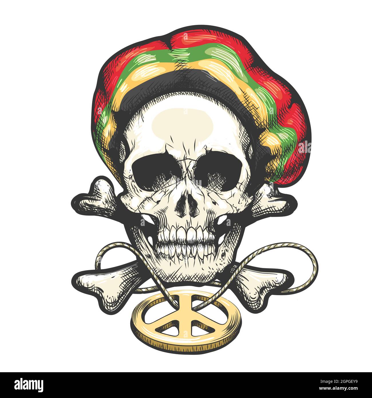 Tatuaggio del cranio in Rastaman Hat e Pacific Badge. Illustrazione vettoriale Illustrazione Vettoriale