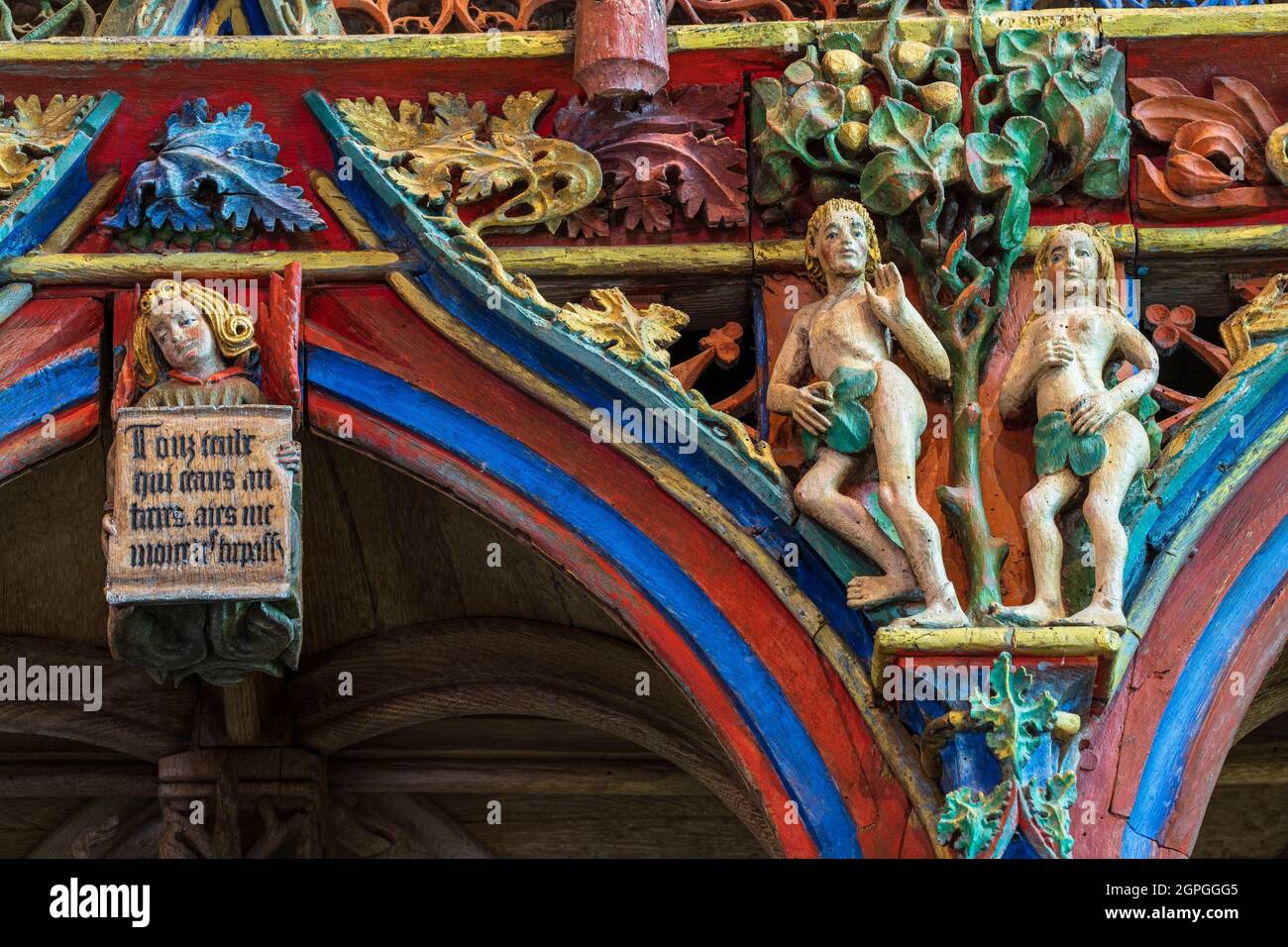 Francia, Morbihan, le Faouët, cappella di Saint-Fiacre 15 ° secolo, stile fiammeggiante polychrome schermo di legno Foto Stock