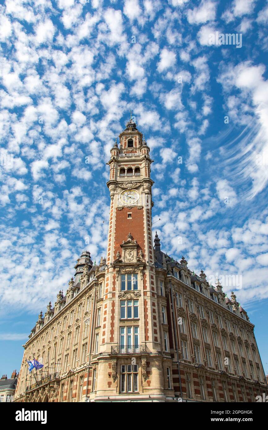 Francia, Nord, Lille, la piazza del teatro, torre campanaria della Camera di Commercio e Industria di Lille (CCI) Foto Stock