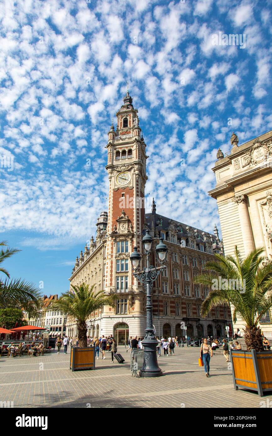 Francia, Nord, Lille, la piazza del teatro, torre campanaria della Camera di Commercio e Industria di Lille (CCI) Foto Stock