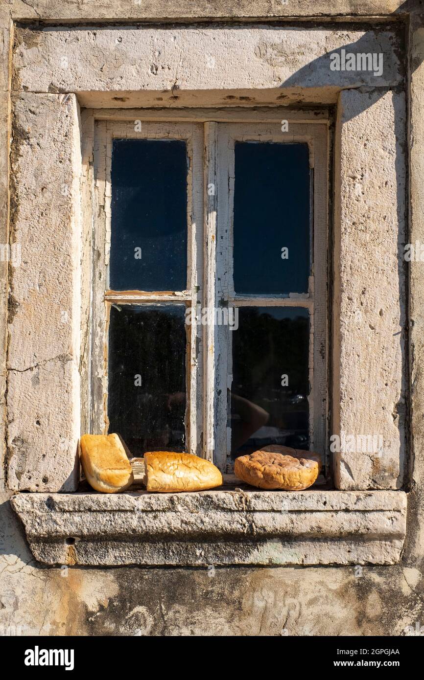 Croazia, Dalmazia, Isole Elafiti, Isola di Sipan, il porto di Sudurad, pane che asciuga su un davanzale Foto Stock