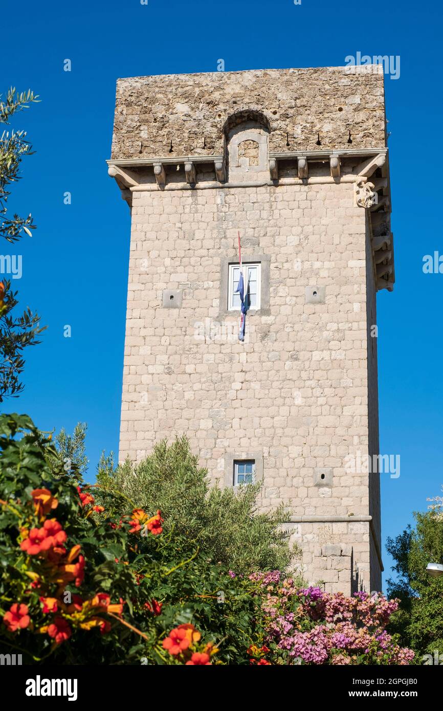 Croazia, Dalmazia, Isole Elafiti, Isola di Sipan, Sudurad, Palazzo estivo del XVI secolo, torre Foto Stock