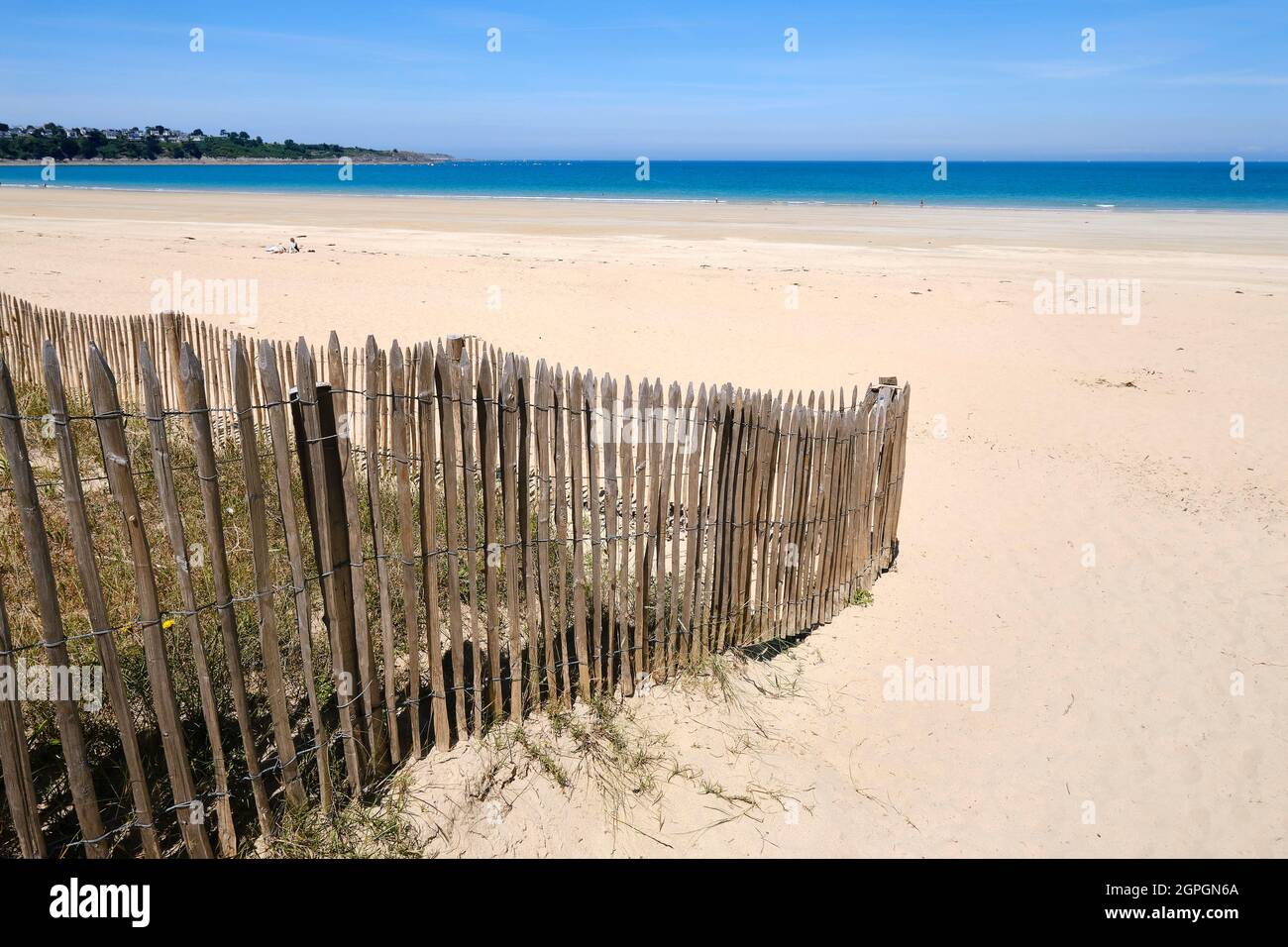 Francia, Cotes d'Armor, Cote d'Emeraude (Costa Smeralda), Saint Cast le Guildo, le barriere delle dune della spiaggia di Pen Guen, GR 34 percorso escursionistico o doganale Foto Stock