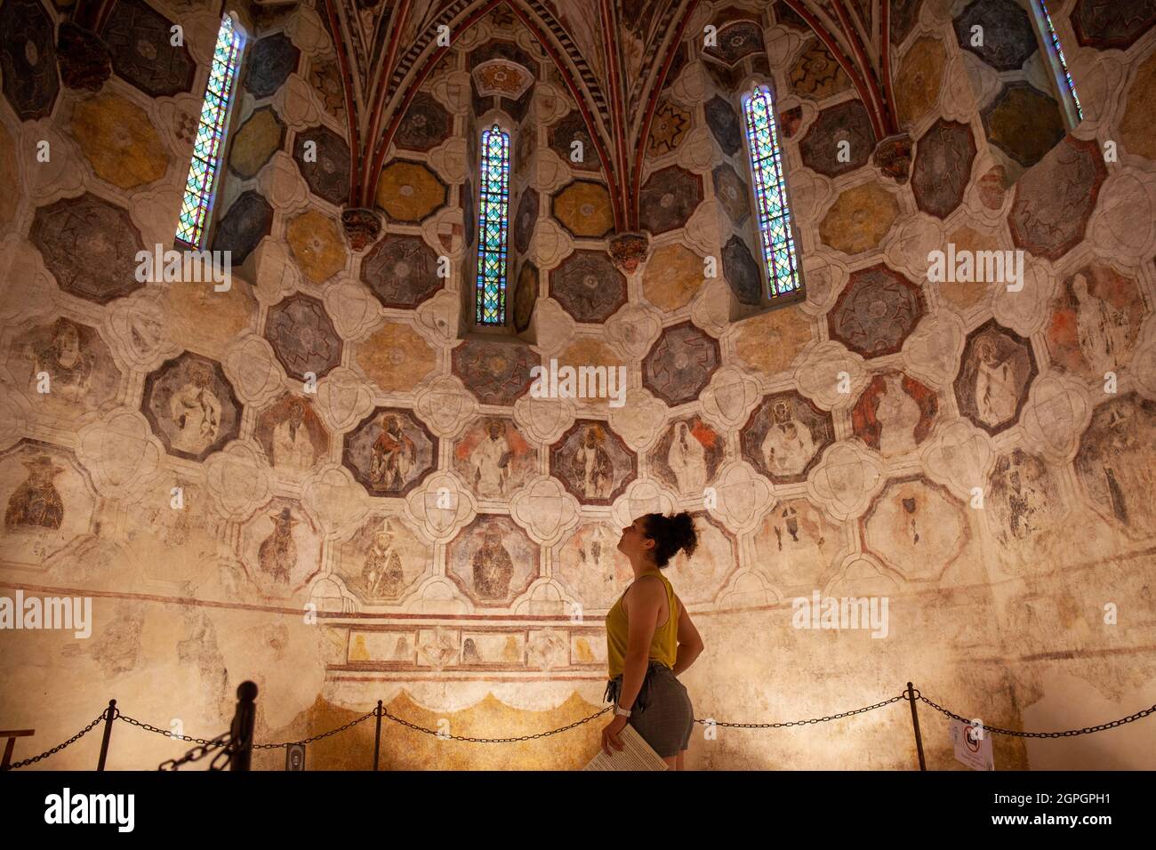 Francia, Gers, la Romieu, etichettato Les Plus Beaux Villages de France (i villaggi più belli di Francia), sosta sulla strada per Saint Jacques de Compostelle, patrimonio mondiale dell'UNESCO, dipinti murali nello scristie della chiesa collegiata Foto Stock