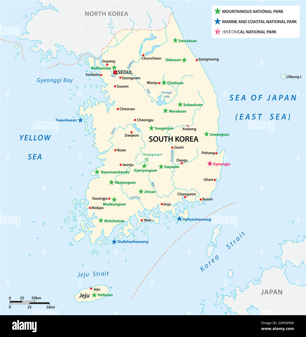 Mappa vettoriale dei Parchi nazionali della Corea del Sud Illustrazione Vettoriale