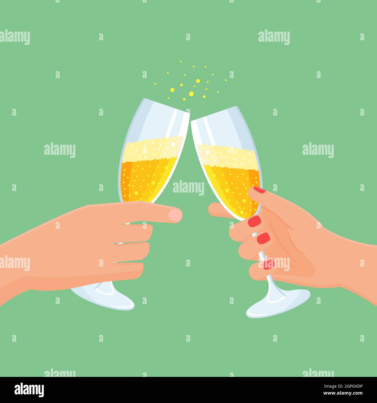 Mani che tengono bicchieri con champagne. Concetto di festa di Natale. Illustrazione vettoriale delle feste Illustrazione Vettoriale