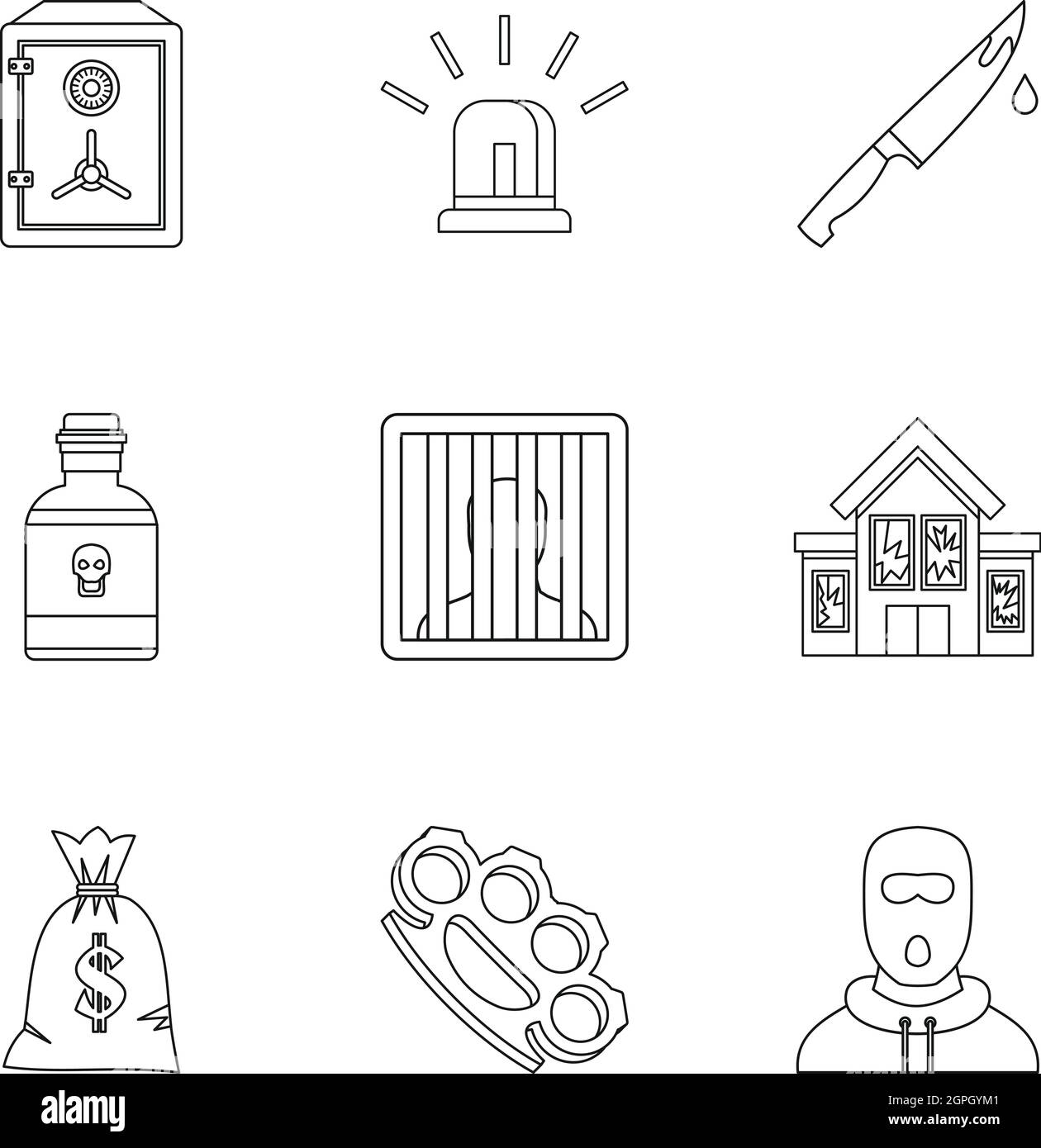 Azione illegale set di icone di stile di contorno Illustrazione Vettoriale