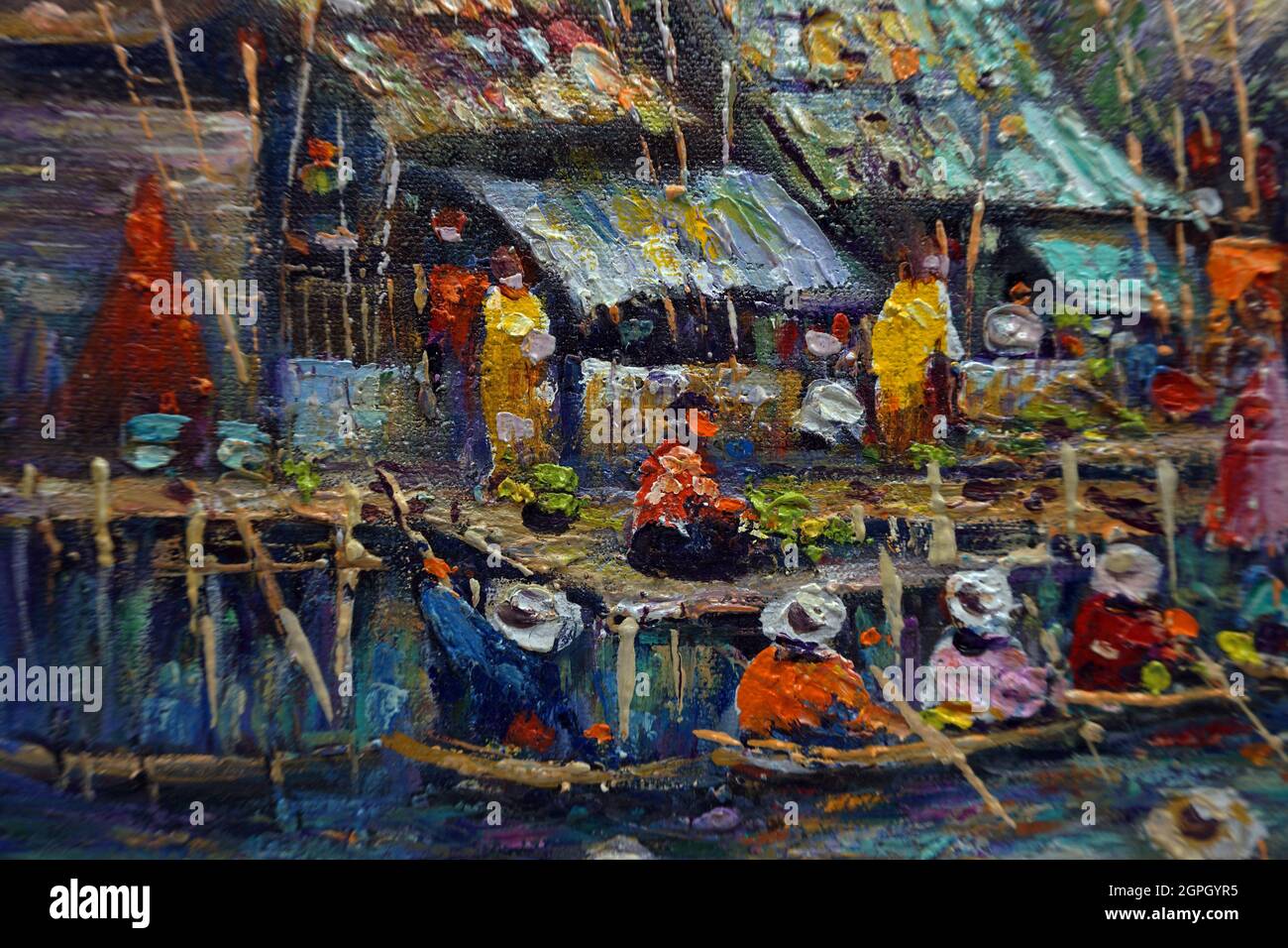 Pittura d'arte colore dell'olio mercato galleggiante Tailandese terra, campagna Foto Stock
