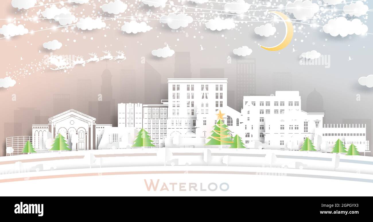 Waterloo Iowa City Skyline in stile Paper Cut con Snowflakes, Moon e Neon Garland. Illustrazione vettoriale. Natale e Capodanno. Illustrazione Vettoriale