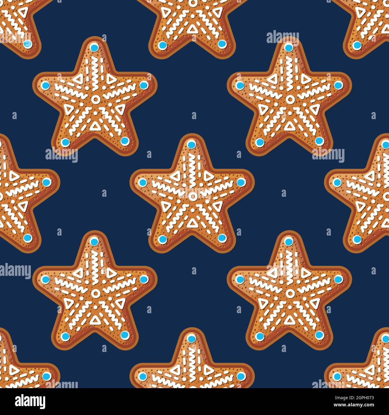 Modello senza cuciture con Gingerbread Star su Blu. Biscotti di Natale. Illustrazione vettoriale. Illustrazione Vettoriale