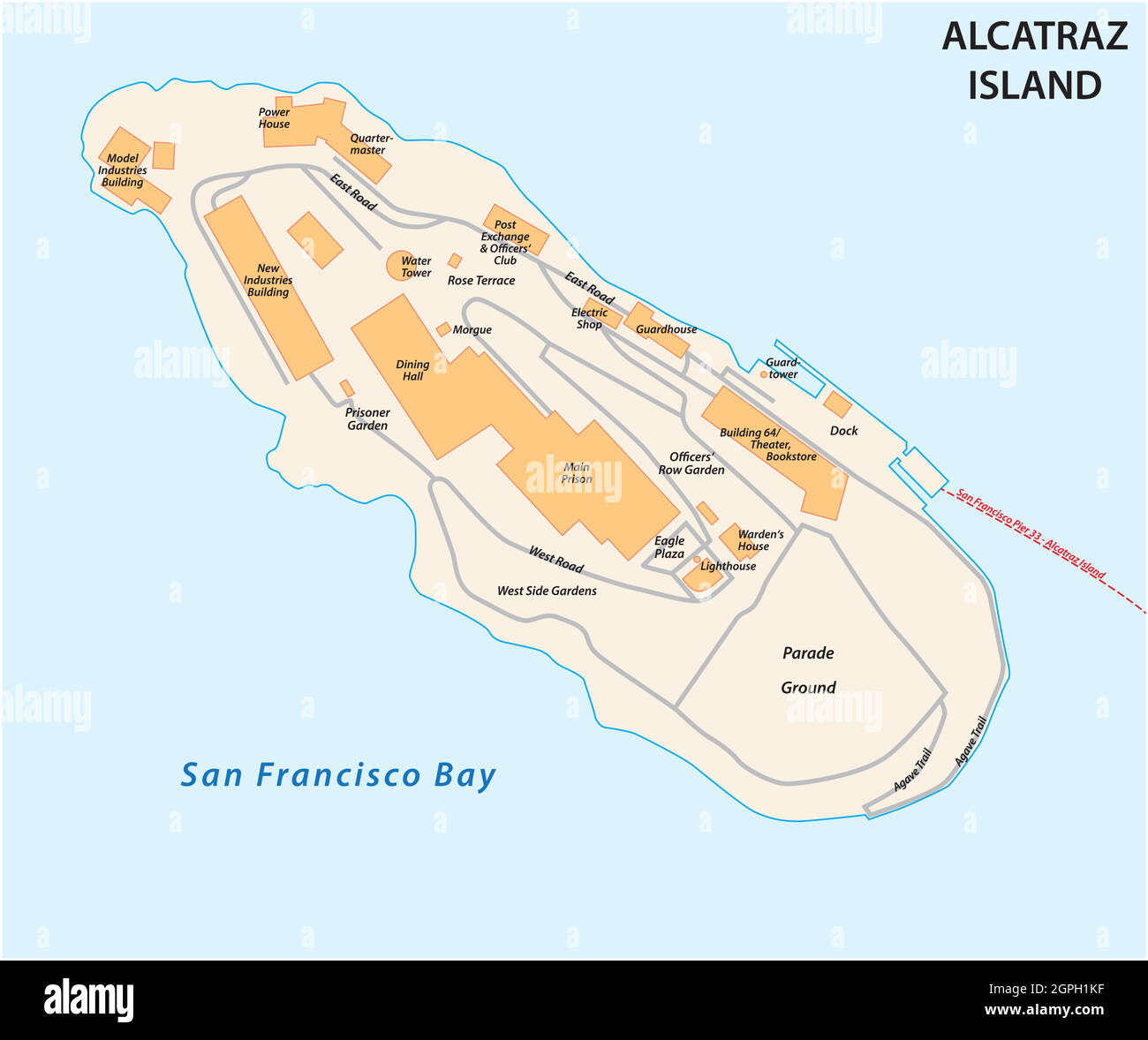 Mappa vettoriale dell'ex isola carceraria californiana di Alcatraz Illustrazione Vettoriale