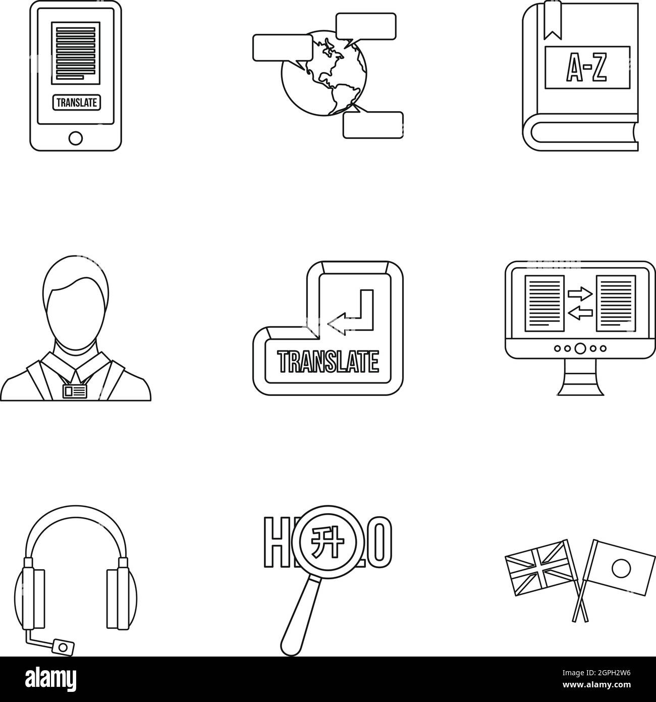 Language learning set di icone di stile di contorno Illustrazione Vettoriale