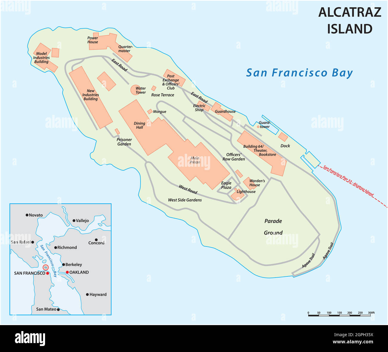 Mappa vettoriale dell'ex isola carceraria californiana di Alcatraz Illustrazione Vettoriale