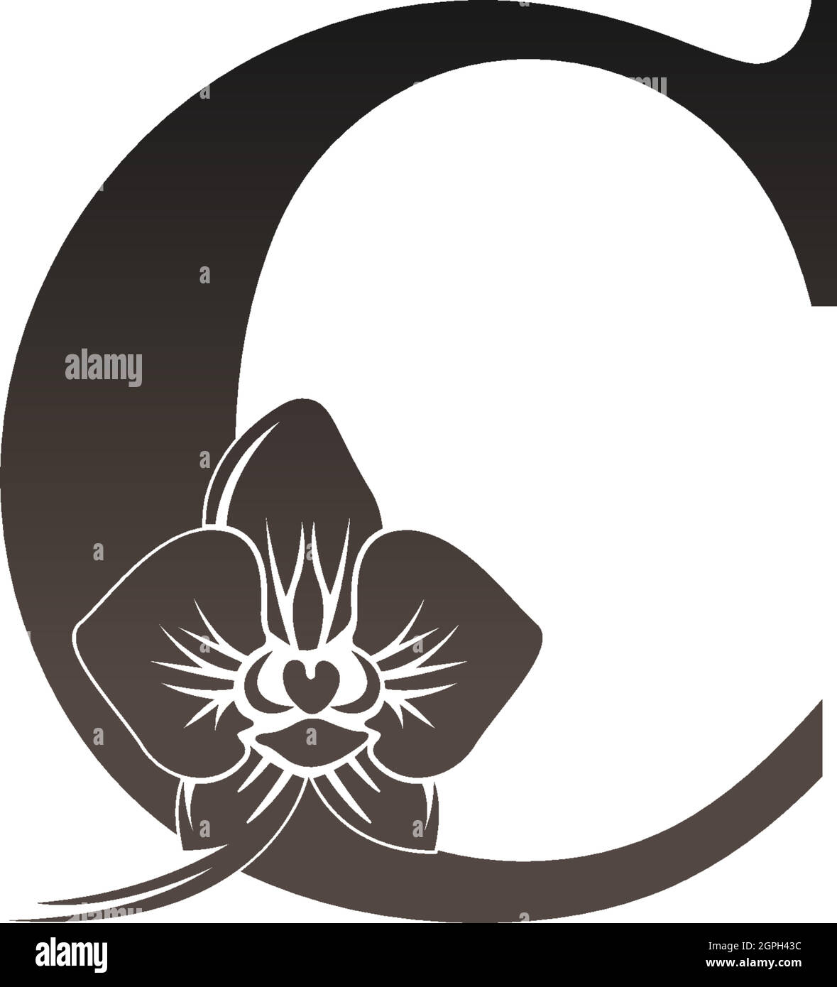 Icona con logo lettera C con vettore orchidea nero Illustrazione Vettoriale