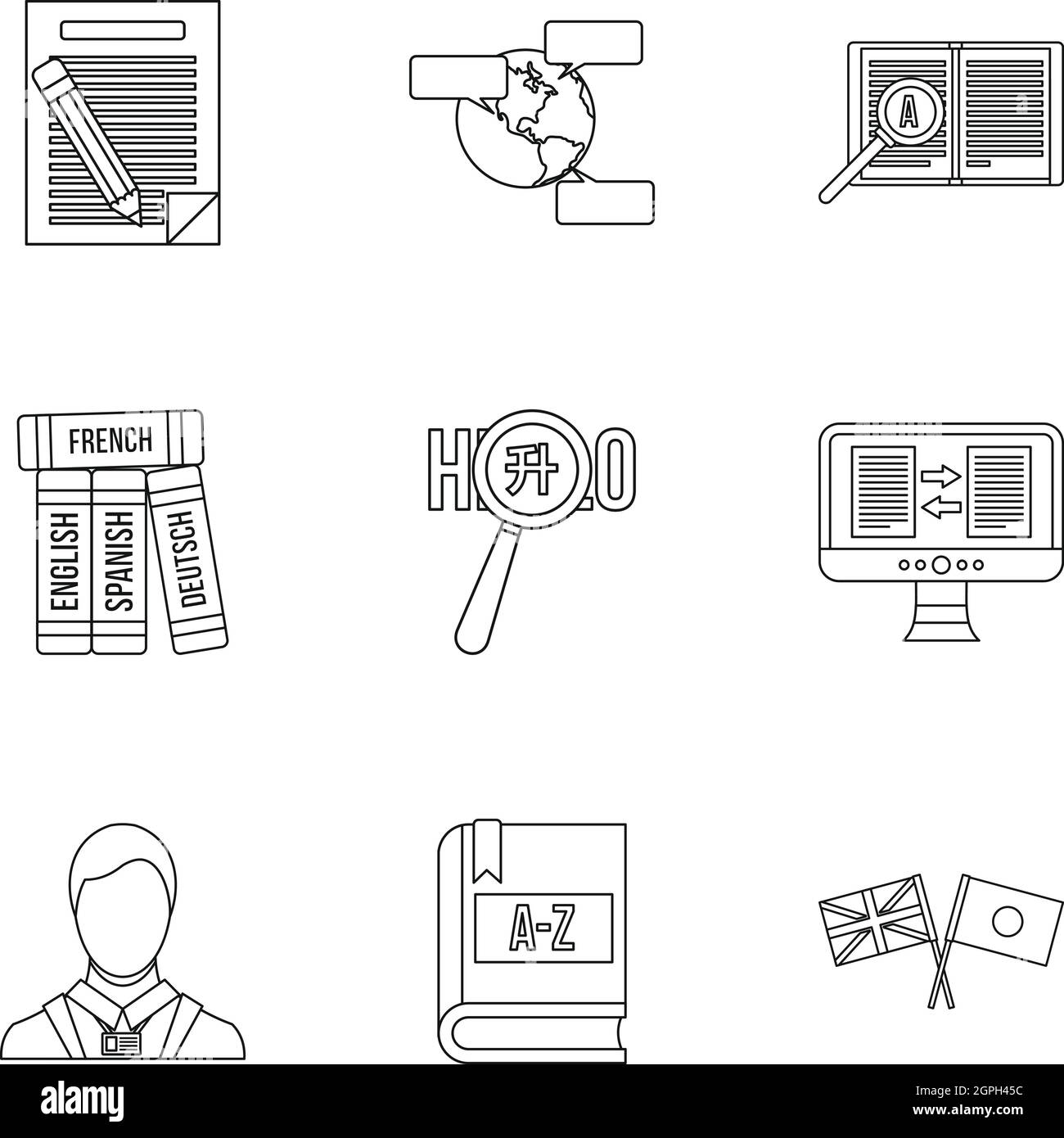 Traduzione di lingua set di icone di stile di contorno Illustrazione Vettoriale