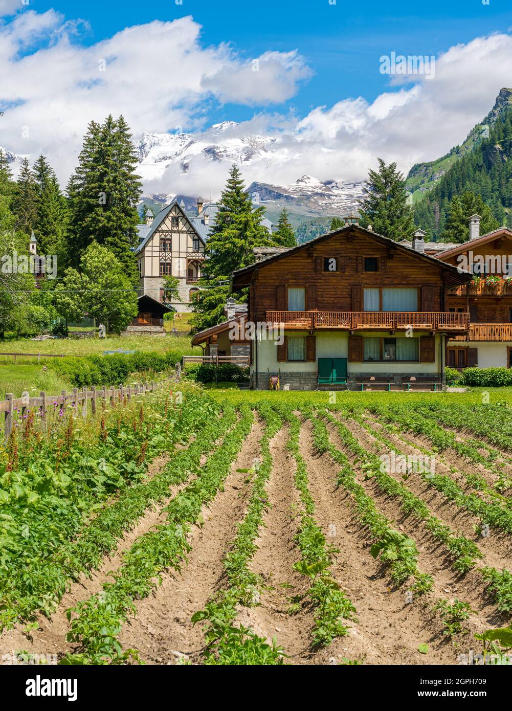 Idilliaca vista estiva a Gressoney-Saint-Jean con la Monterosa sullo sfondo. Nella valle di Lys. Valle d'Aosta, Italia settentrionale. Foto Stock