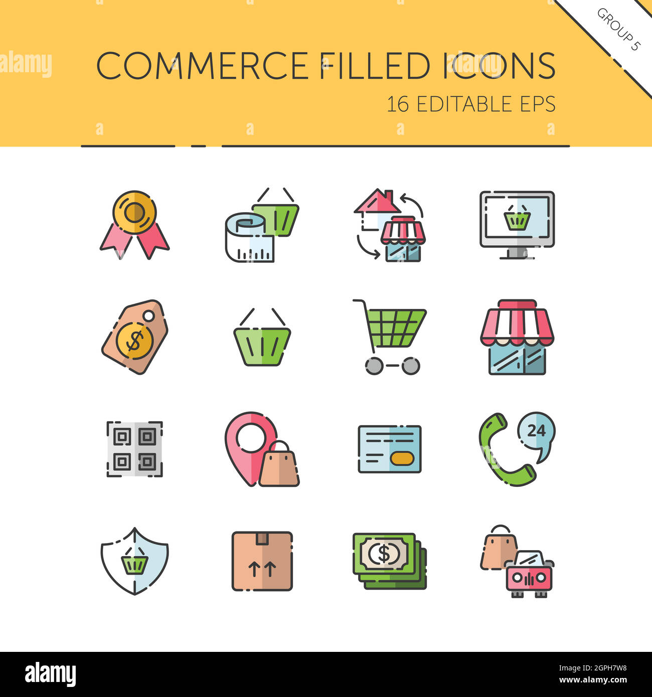 Commercio. Negozio, tag, sicurezza, sconto e gruppo di carte di credito. Set di icone isolate. Illustrazione vettoriale riempita Illustrazione Vettoriale