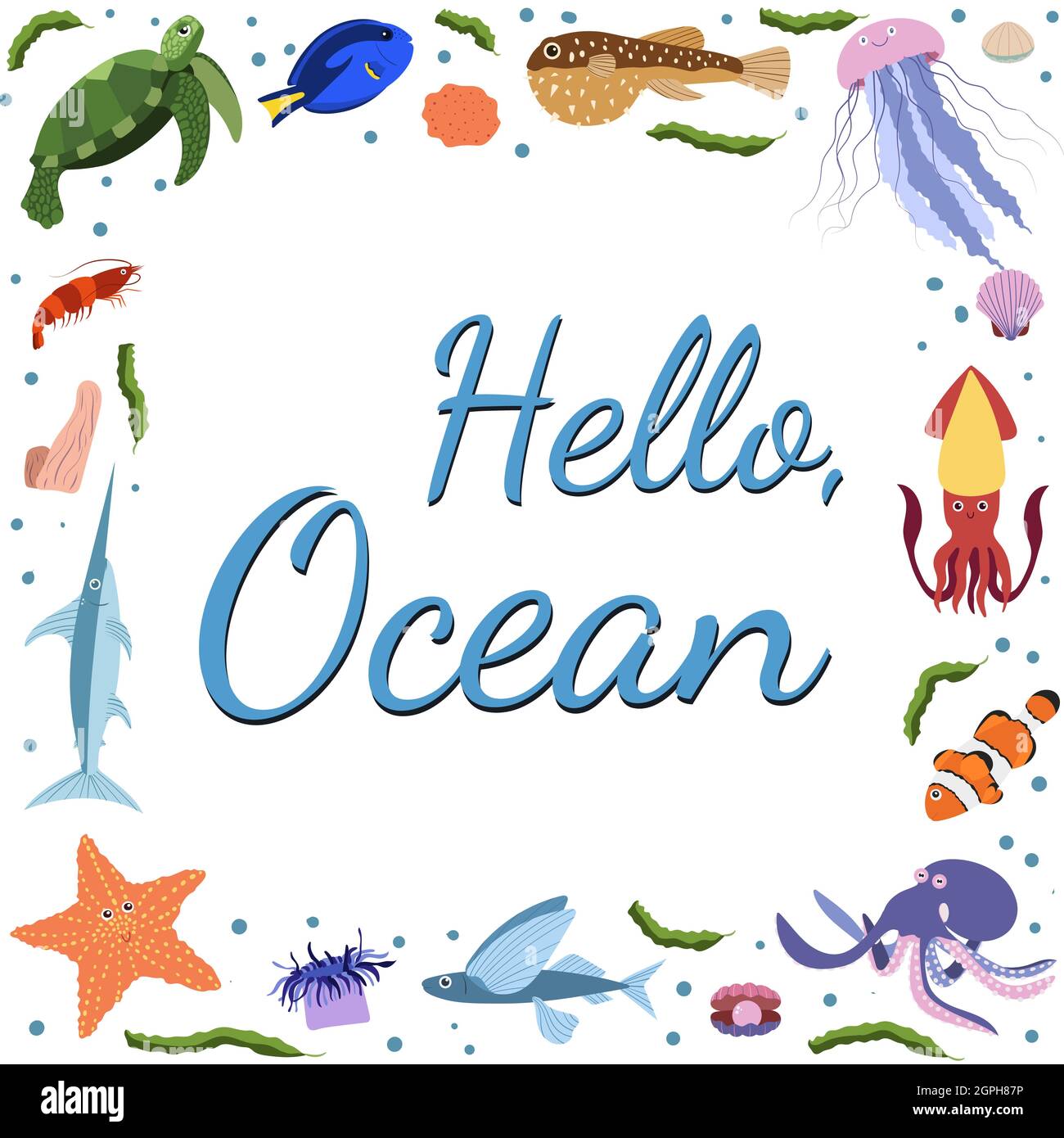 Modello di cornice con animali marini cartoni animati. Sfondo oceano con silhouette quadrata. Vita subacquea. Meduse e tartarughe, stella, calamari, polpi e gamberi Illustrazione Vettoriale