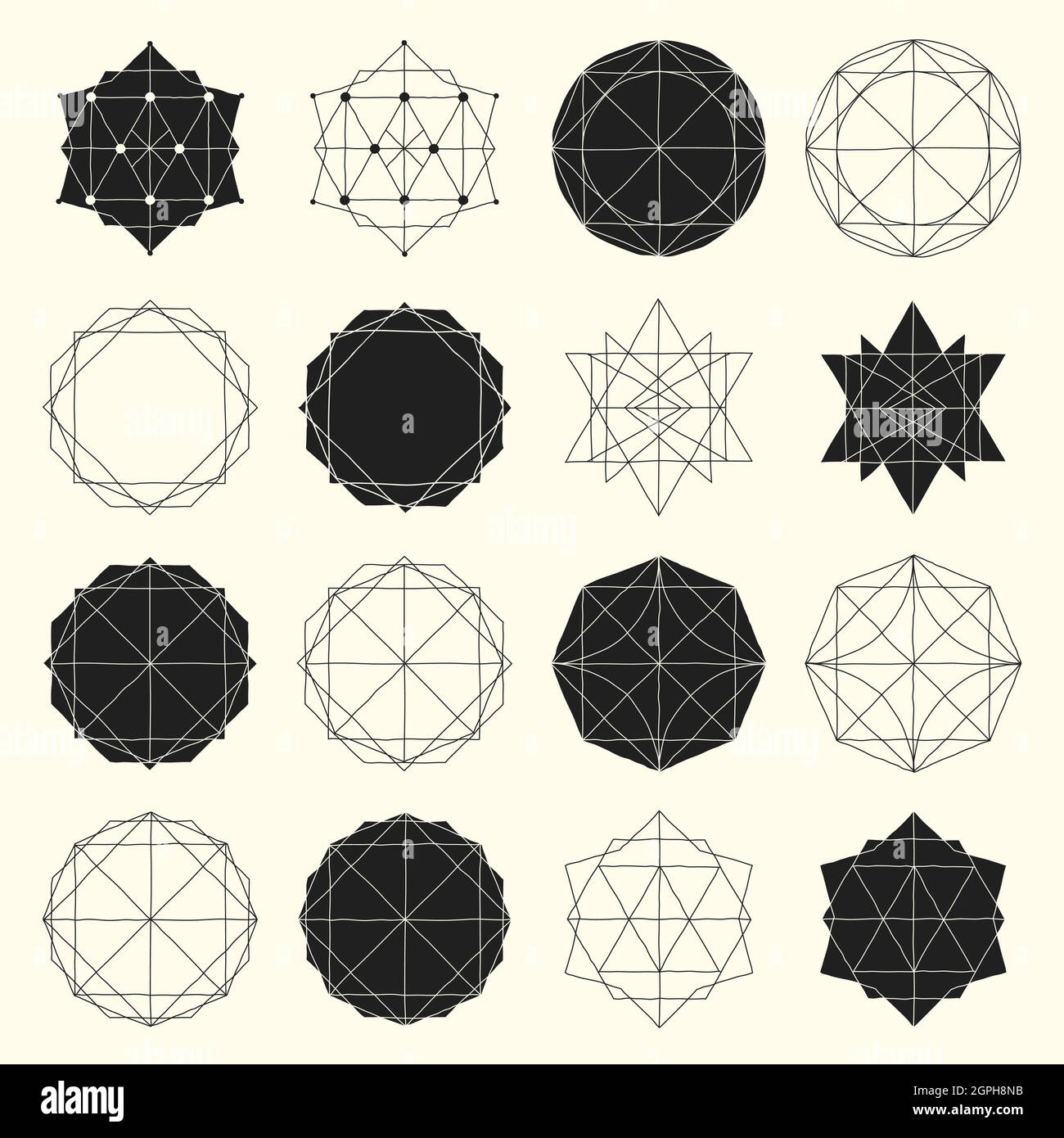 Set semplice con forme geometriche nere e cave ed elementi con linee, poliedri, triangoli Illustrazione Vettoriale