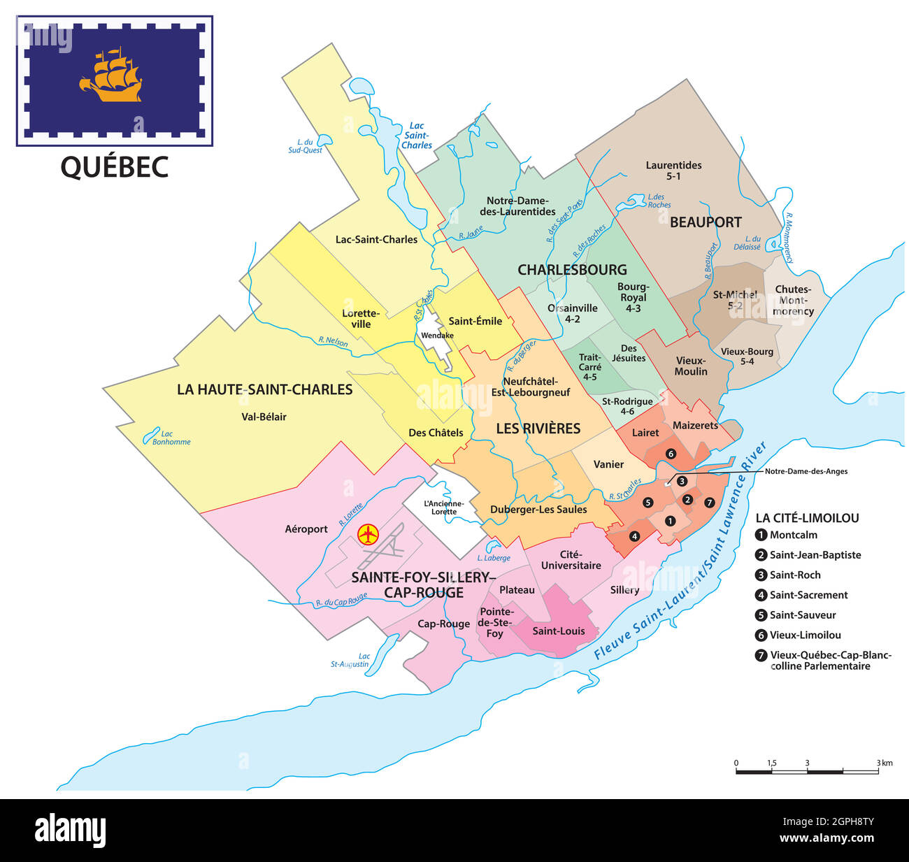 Mappa amministrativa vettoriale della capitale canadese Quebec, Canada Illustrazione Vettoriale