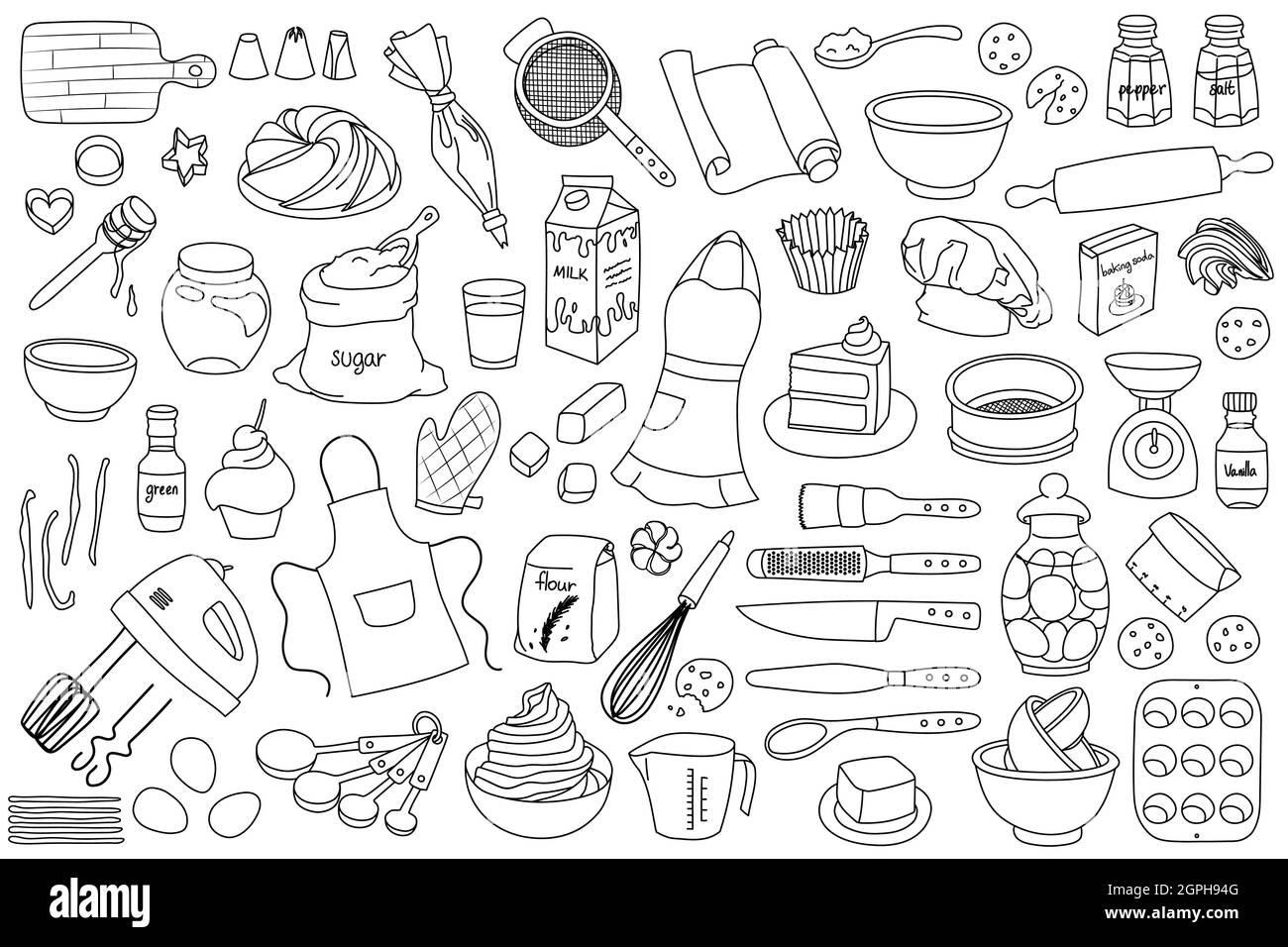 Raccolta di semplici disegni a mano vettore illustrato scarabocchi di strumenti di cottura, ingredienti ed elementi. Contorni neri su sfondo bianco. Illustrazione Vettoriale