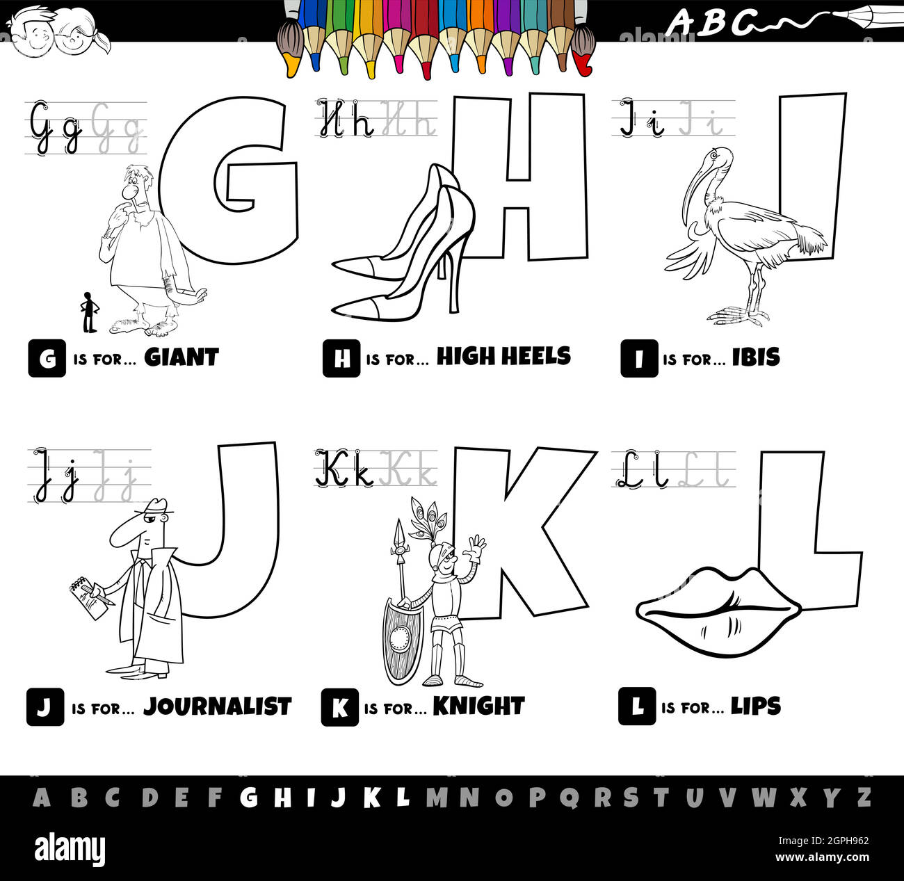 Lettere dell'alfabeto dei cartoni animati didattici impostate da una pagina di libro a colori da G a L. Illustrazione Vettoriale
