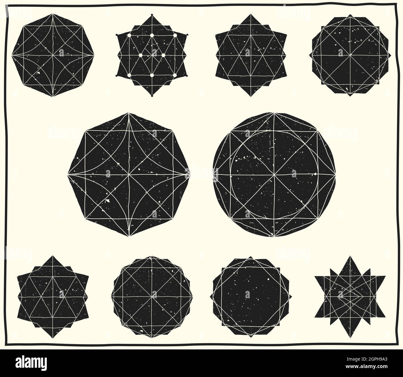 Set con forme geometriche nere piene ed elementi con cornice, linee, poliedri, triangoli Illustrazione Vettoriale