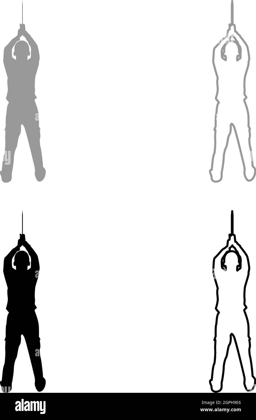 Uomo con machete di spada da sopra armi fredde in mano uomo militare Soldier Serviceman in posizioni Hunter con lotta a coltello pone forte difensore concetto armi Guerriero silhouette supporto grigio nero colore vettore illustrazione solido contorno immagine stile Illustrazione Vettoriale